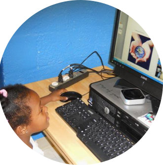 child looking at monitor